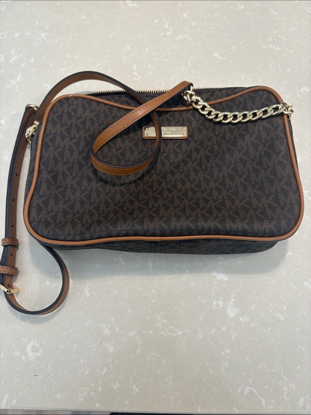 Michael Kors Brown MK Signature Crossbody with Gold Chain Trim